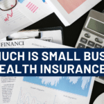 "How Much Is Small Business Health Insurance?" is written over a stack of papers, a calculator and a pair of eyeglasses on a desk.