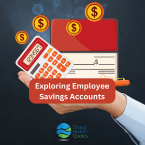Exploring Employee Savings Accounts text overlaying image of a hand holding a calculator, money, and checks
